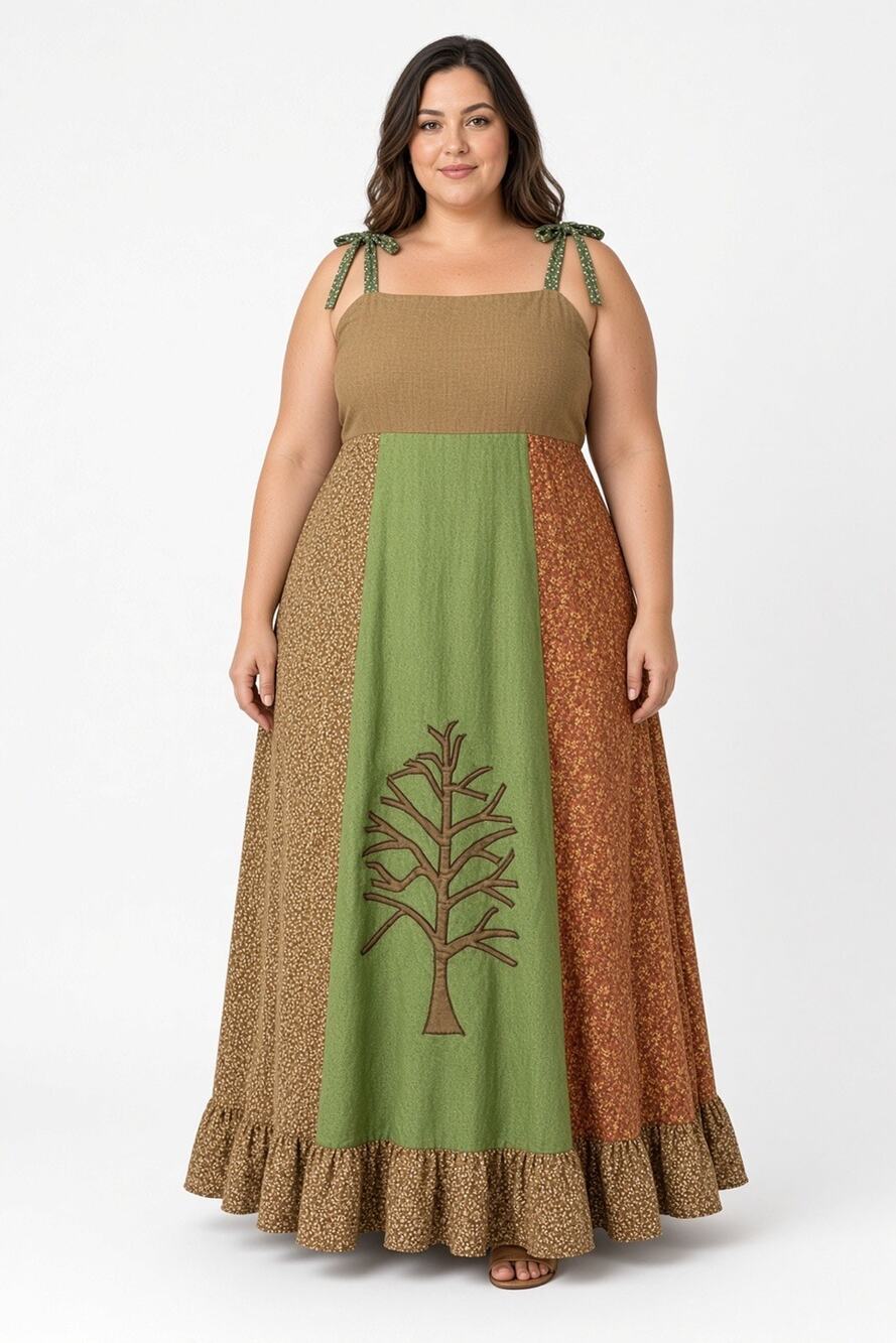 Handmade Green / Brown Tree Autumn Boho Hippie Floral Maxi Dress Plus Size 3-4X